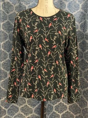 croft & barrow Black Long-Sleeve Top with Red Bird Print